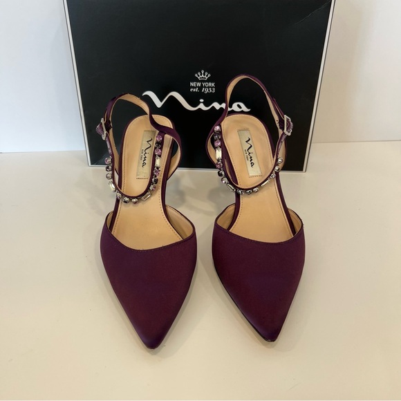 Nina Shoes - Nina Tonya Leather Sole Eggplant Satin heels with bejeweled ankle strap Size 8.5